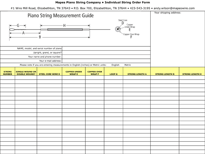 Piano String Measurement Guide and Mail-in Form